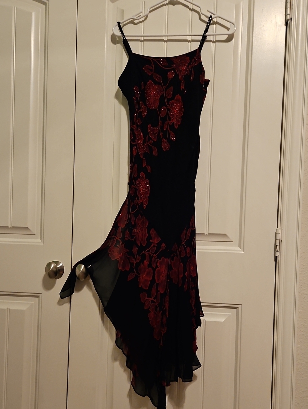 Black Asymmetrical Dress with Red Floral Appliqué